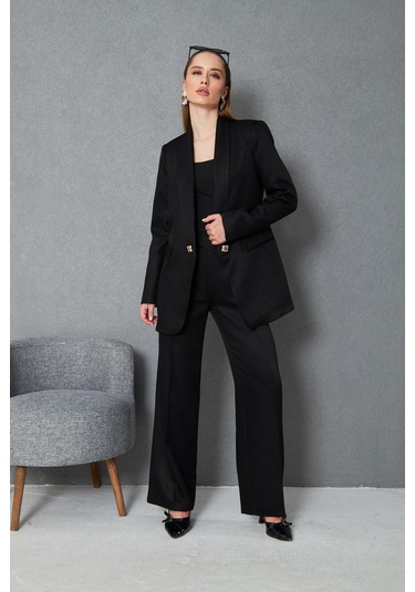 Kare Düğmeli Yünefekt Takım Siyah Siyah