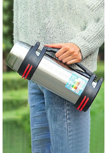 304 Çelik CİN488GR Vakumlu Kamp Piknik Büyük Askılı Termos Siyah 2 L