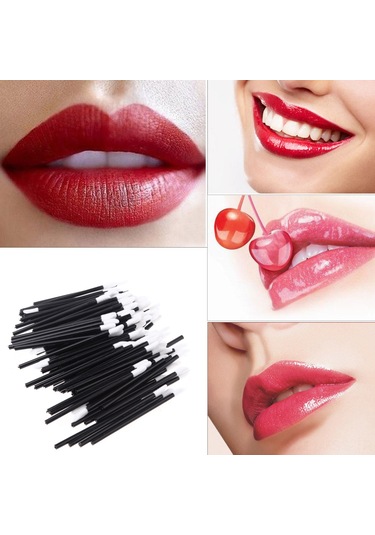 Hfambition Tek Kullandım植绒 Dudak Fırçası 100 Adet, Beyaz Uç Siyah Çubuk, Hijyenik Makyaj Gereci, 9 Cm Uzunluk