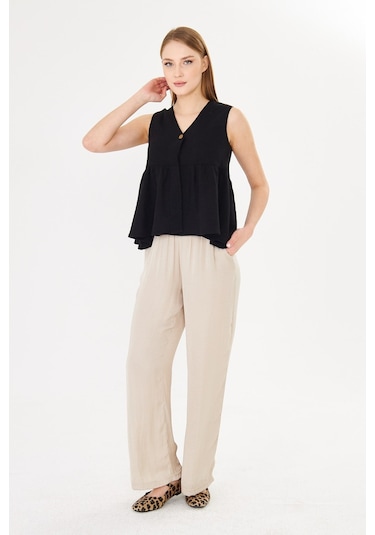 Sortie Collection V Yaka Tek Düğmeli Peplum Siyah Keten Bluz
