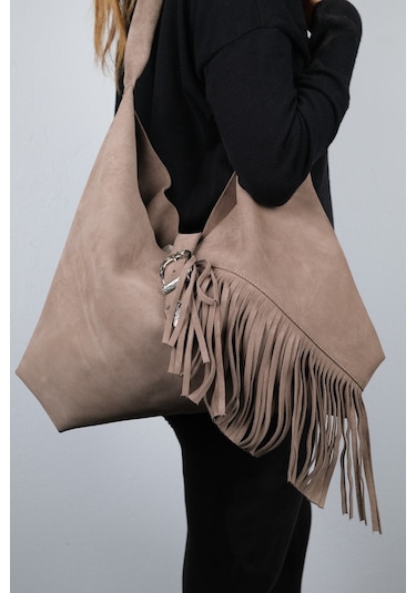Rosalın Kum Hakiki Deri Süet Püsküllü Kadın Omuz Çantası Kum Beji