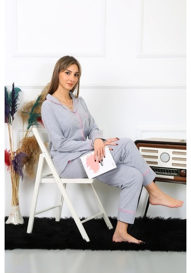 Akbeniz Kadın Pamuk Penye Önden Düğmeli Uzun Kol Gri Pijama Takım 2782-gri Gri