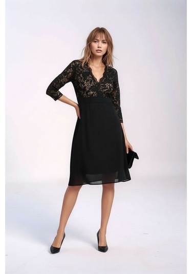 Kadın Tül Yaka Detaylı Truvakor Kol Şık Rahat Kalıp Büyük Beden Curve Abiye Gece Elbisesi Siyah