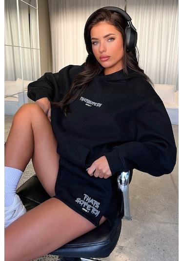 Thatsofetch Series 7 Sweatshirt - Siyah Baskılı Oversize Kapüşonlu Siyah