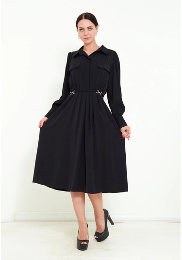 Modatalika Kadın Pile Detaylı Kemerli Gömlek Yaka Şık Uzun Kolu Midi Elbise Siyah