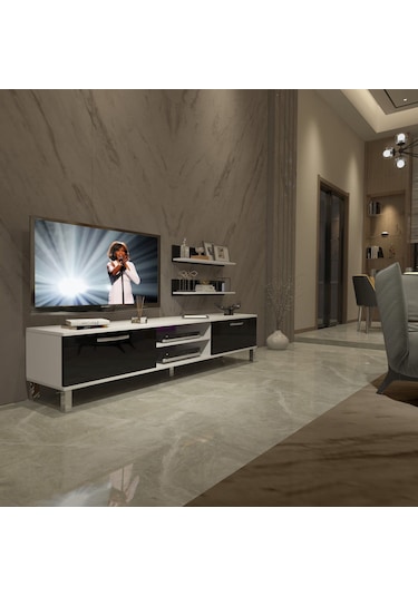 Decoraktiv Eko 4 Mdf Dvd Krom Ayaklı Tv Ünitesi Tv Sehpası Beyaz - Siyah