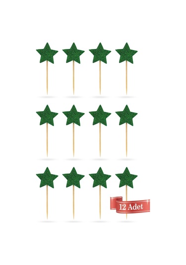 Beyaz-yeşil Çift Taraflı Yıldız Simli Kürdan Cupcake Toppers Cupcake Çubuğu 12'li