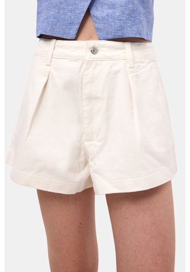 Itsbasic Kadın Kırık Beyaz Renk 7s6-101 Mini Boy Pileli %100 Koton Denim Şort
