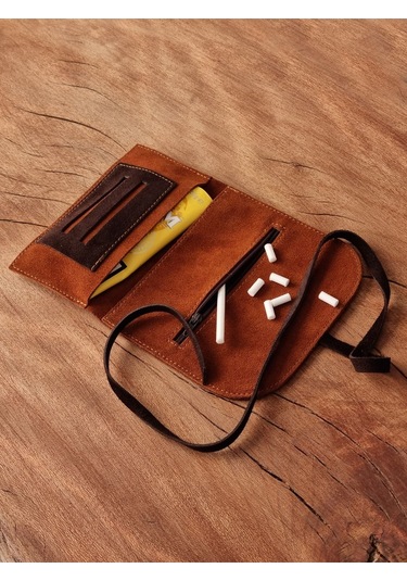 Kese Cüzdan Deri Ipli Çanta %100 Gerçek Süet Deri Taba