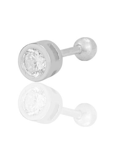 Gümüş Rodyumlu Zirkon Tek Taş 5 Mm Tragus Helix Piercing Küpe Barcode Gümüş - Çok Renkli