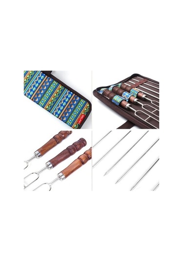 Wondernest Açık Piknik Paslanmaz Çelik Barbekü Seti, U Şeklinde İğne Çatal, Ahşap Saplı 7 Parça Çok Renkli Çok Renkli