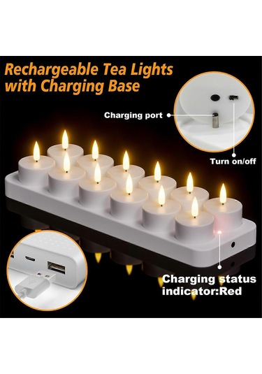 Şarj Edilebilir Isı Mumları, Uzaktan Kumandalı Ve Şarj Tabanlı 12 Adet Şarj Edilebilir Mum, Led Alevsiz Diğer