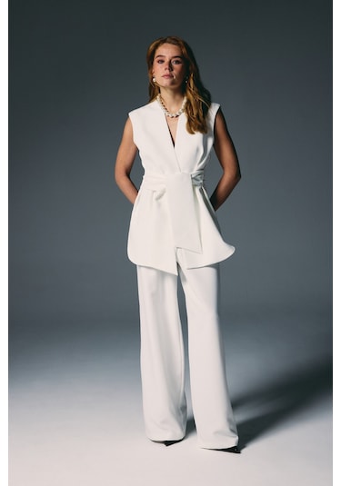 Sateen Kalın Kuşaklı Yelek - Ekru-136858 Ekru