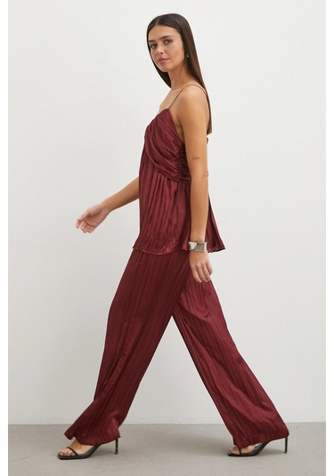 Uterpe Mürdüm Pliseli Saten Pantolon Bordo