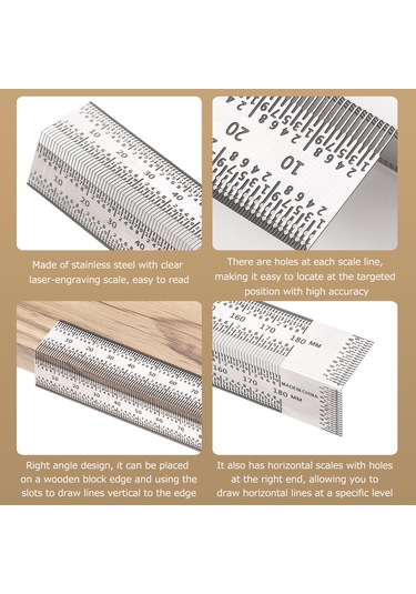 Xiyyadms Ahşap İşçiliği İçin Hassas Çizim Cetveli, Paslanmaz Çelik, 180mm, Kalem Ve 12 Adet Kalem Ucu İle