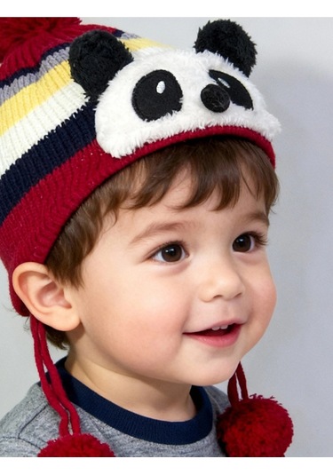 Bay Şapkacı - Sevimli Panda Tasarımlı Unisex Çocuk Kışlık Bere - 5900 Kırmızı