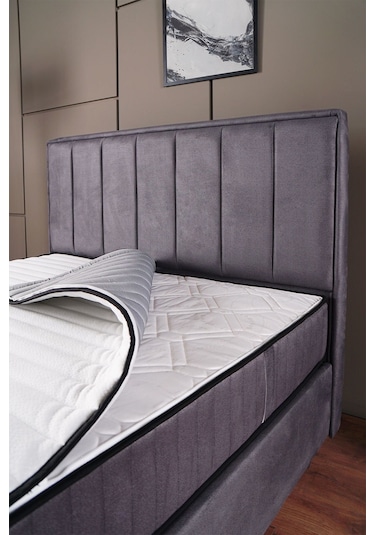Kilim Mobilya Royal Plus Sandıklı Baza Başlık Paket Yaylı Pedli Yatak Seti Antrasit 180 X 200