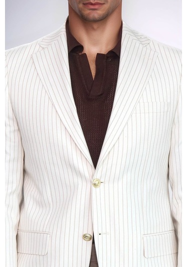 Ekru Çizgili Keten Dokulu Gold Renk Metal Düğmeli Slim Fit Erkek Blazer Ceket Wessi Beige