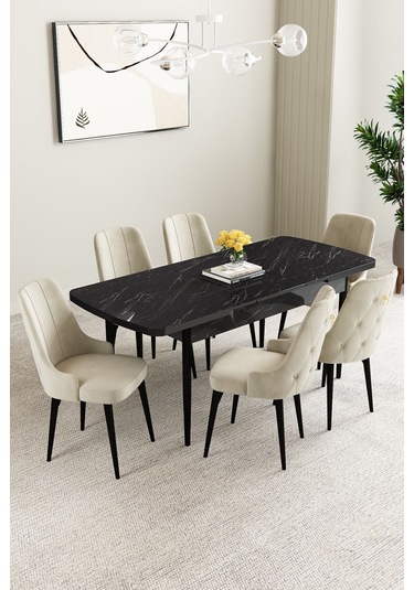 Mabel Siyah Mermer Desen 80x132 Açılabilir Yemek Odası Takımı 6 Adet Sandalye Krem