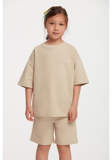 Calı Kız Çocuk Bisiklet Yaka Bej Eşofman Takımı