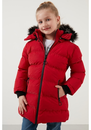 Lela Yakası Suni Kürklü Peluş Astarlı Çıkarılabilir Kapüşonlu Dar Kesim Kışlık Kız Çocuk Mont 5760002 Kırmızı