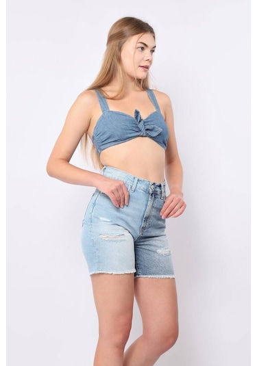 Banny Jeans Kadın Mavi Yırtık Detaylı Jean Şort Mavi