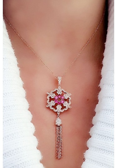 Zirkon Taşlı 925Ayar Gümüş Rose Tasarım Lüks Kolye
