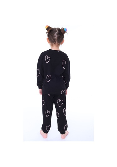 Minik Kalpler Desenli %100 Pamuk Kız Çocuk Pijama Takımı Siyah