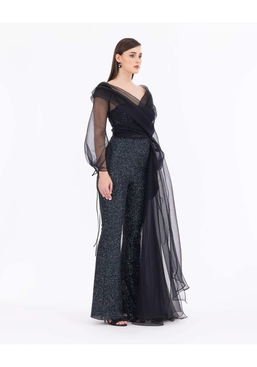 Straplez Yaka Payetli Abiye Tulum-siyah Siyah