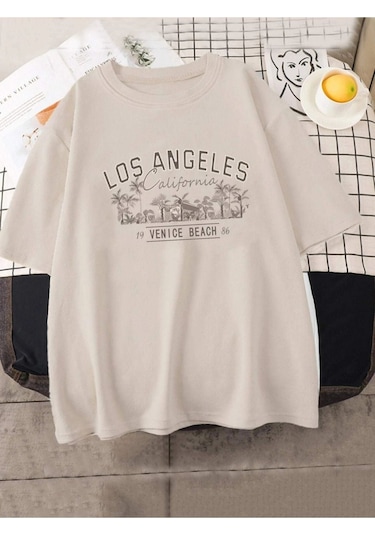 Altamira Unisex Bej Los Angeles Baskılı Oversize T-shirt 001
