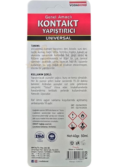 Vodabond Genel Amaçlı Kontak Yapıştırıcı - Deri Ahşap Kauçuk - 50 Ml.