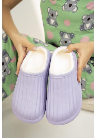 Modafrato Flora Kapalı İçi Yünlü Unisex Ev Terliği Kışlık Terlik Su Geçirmez Mor