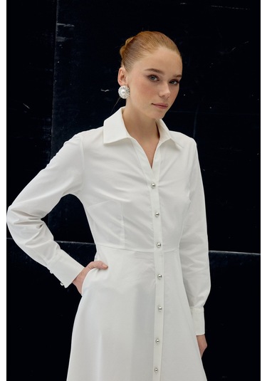 Sateen Uzun Düğme Detaylı Elbise - Ekru-137083 Ekru