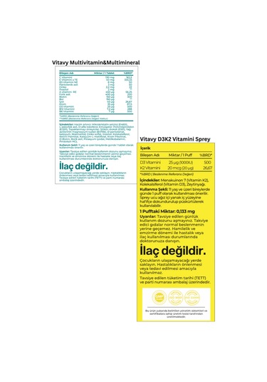 Vitavy D3K2 Vitamini Sprey 20 ML 140 Puff + Multivitamin & Multiminera 30 Tablet