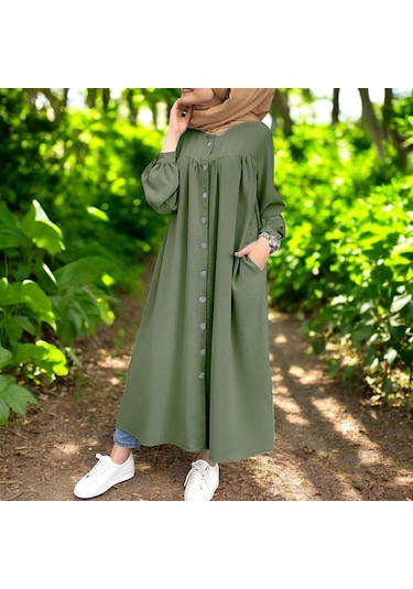 Gömlek Yaka Yazlık Keten Elbise Haki