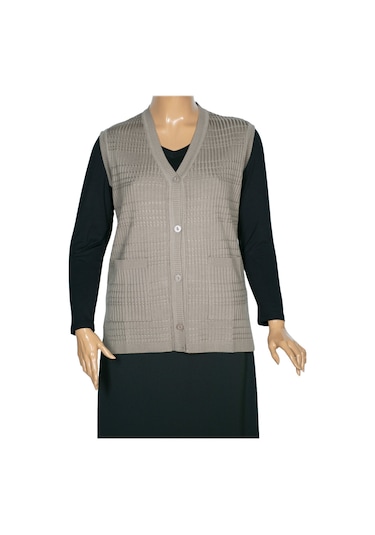 Hesna Kadın Nazan Büyük Beden Triko Düğmeli Cepli Kum Beji Yelek Bej