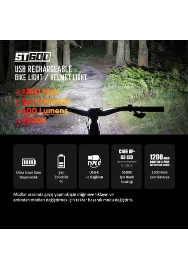 Stradacycles St-600 Çift Yönlü Lityum Şarj Edilebilir Far