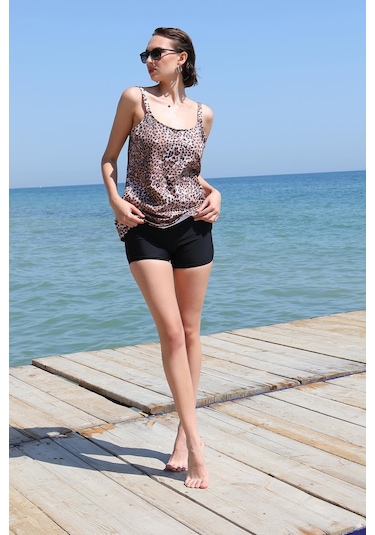 Akbeniz Kadın Şortlu Tankini Elbise Mayo Kahve 36001