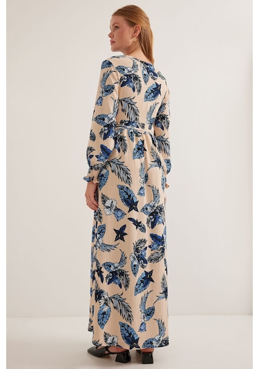 Bigdart Kadın Mavi Krem Desenli Örme Tesettür Elbise 1525 001