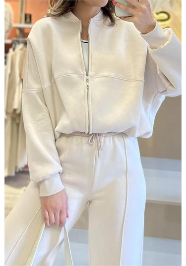 Neşeli Butik Kadın Fermuarlı 3 İplik Eşofman Takımı Nb0018 - Ekru Ekru