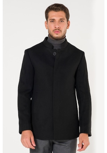 Erkek Slim Fit Hakim Yaka Siyah Kısa Kaşe Kaban-Siyah