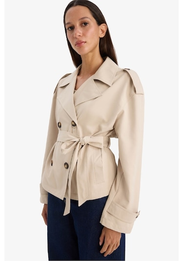 Defacto Regular Fit Cepli Kemerli Kısa Trençkot E8581ax25aubg501 Bej