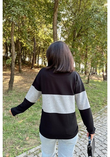 WeShaya Kadın Siyah Uzun Kol, Dik Yaka, Fermuarlı, Double Color Block Basic Sweatshirt Bluz Siyah