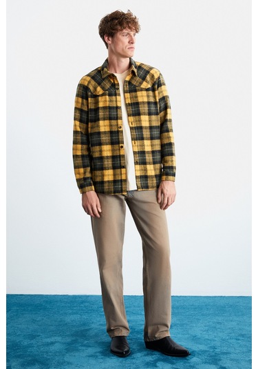 Allenı Erkek Pamuk Gömlek Yaka Relaxed Oduncu Safran Sarı Gömlek