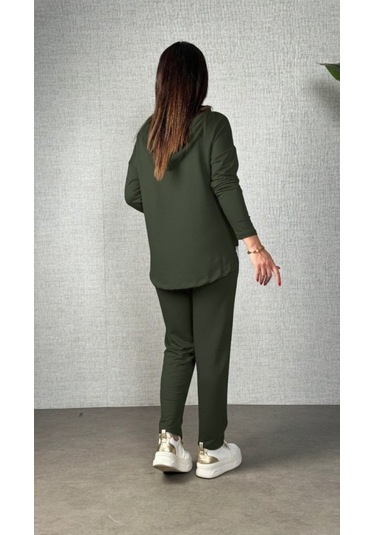 S-pazarım Kadın Uzun Kollu Kapşonlu Bağcıklı Viskon Iki Iplik Bluz Ve Pantolon Ikili Takım Yeşil