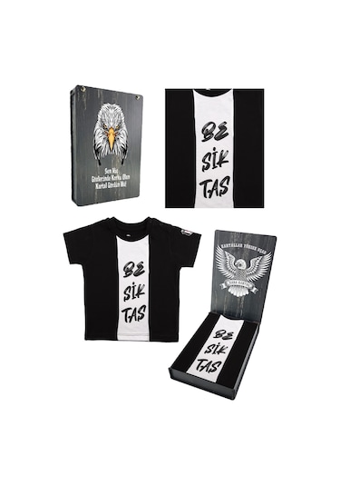 Beşiktaş Lisanslı Siyah Bebek T-shirt Hediyelik Ahşap Kutulu Beyaz