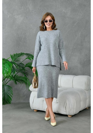 Kadın Bisiklet Yaka Uzun Kazak Etek İkili Triko Takım Gri