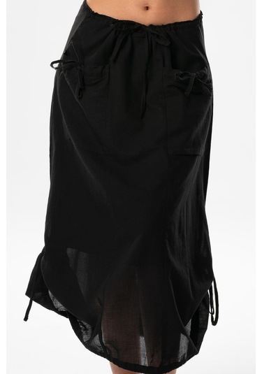 Gökşen Vual Bağlama Ve Lastik Detay Midi Boy Yazlık Otantik Etek Siyah Syh-siyah Siyah