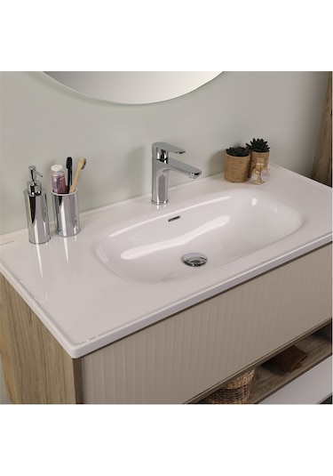 Kobos Elegant 100 Cm Banyo Dolabı Seti Light Walnut + Luna Ahşap