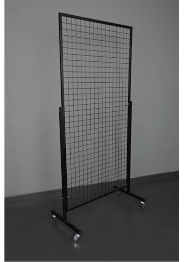 Tekerlekli Sık Telli Tel Raf - Tel Pano Stand, Duvar Askılığı 60x190 Cm Siyah